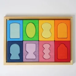Bauspiel Fenster | 16 bunte Holzteile im Holzrahmen