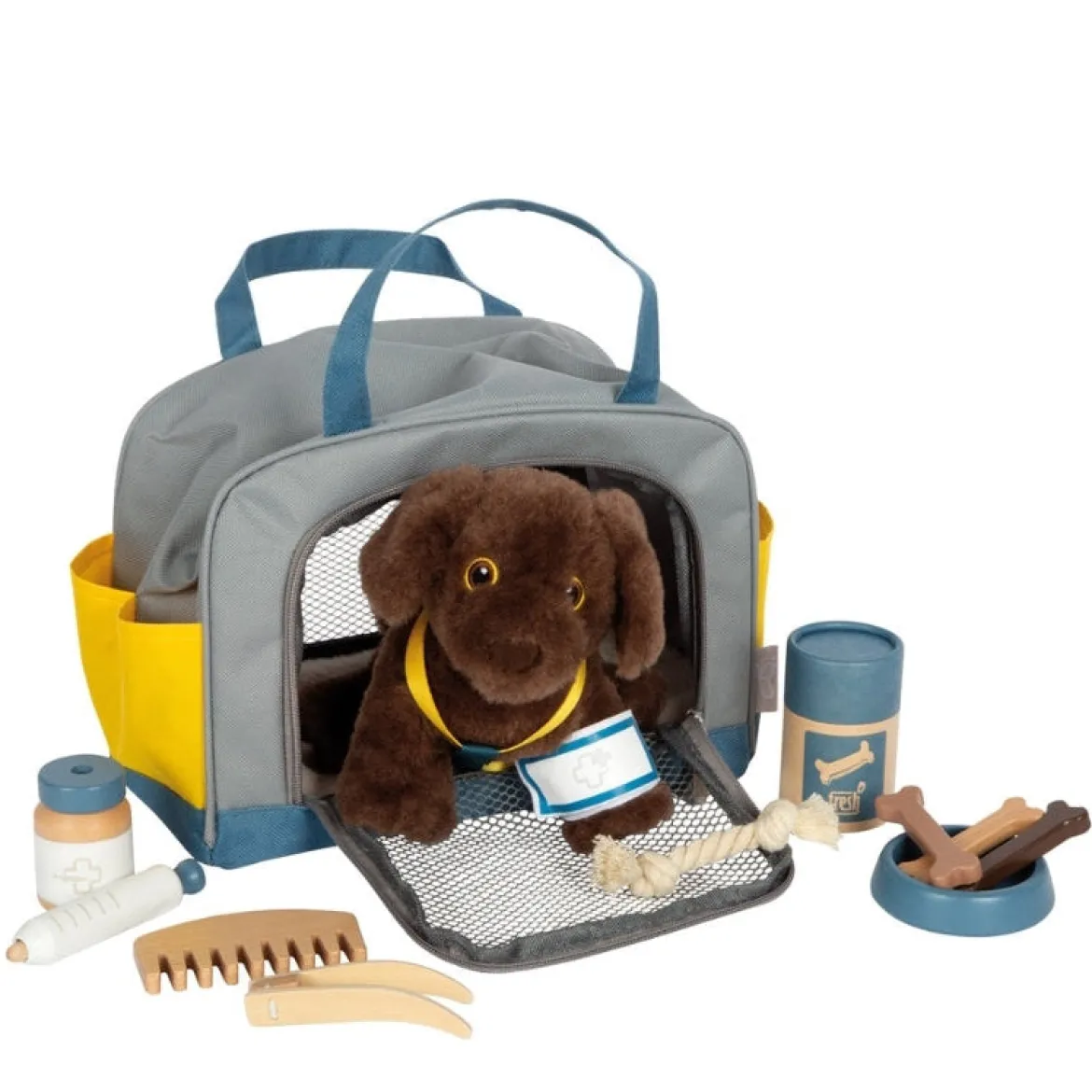 Hund mit Tasche und Pflege-Set