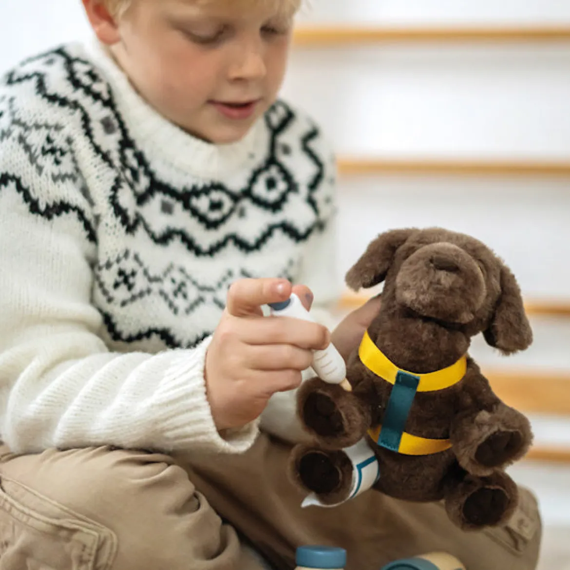 Hund mit Tasche und Pflege-Set
