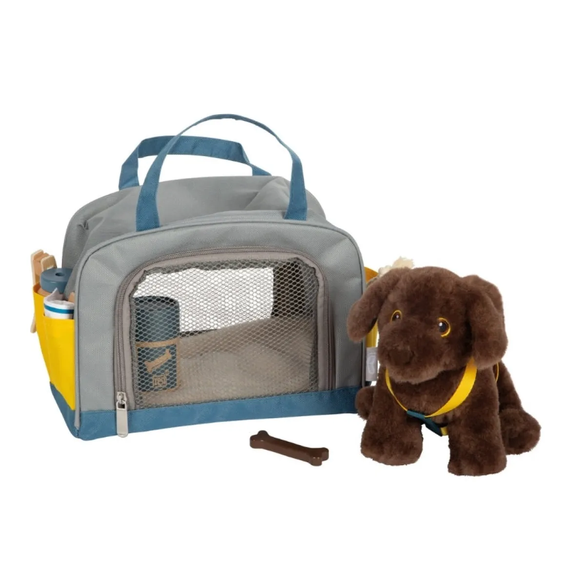 Hund mit Tasche und Pflege-Set