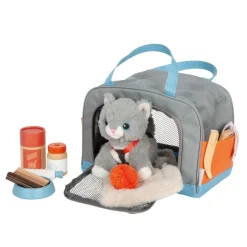 Katze mit Tasche und Pflege-Set