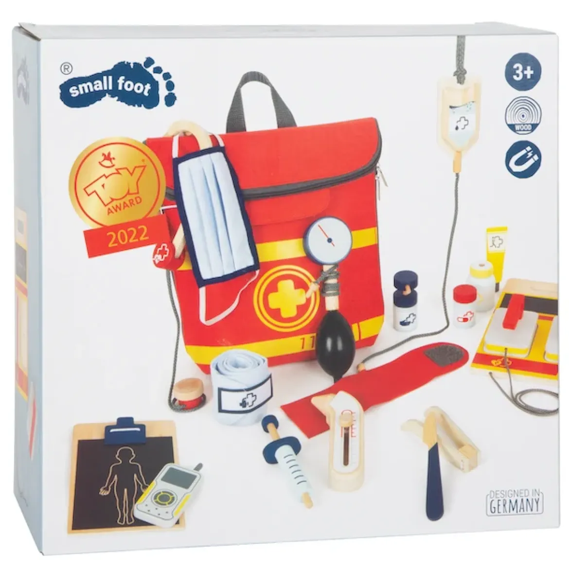 Notarztrucksack mit Holz-Utensilien