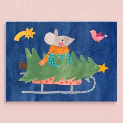 Postkarte zu Weihnachten | Maus mit Weihnachtsbaum